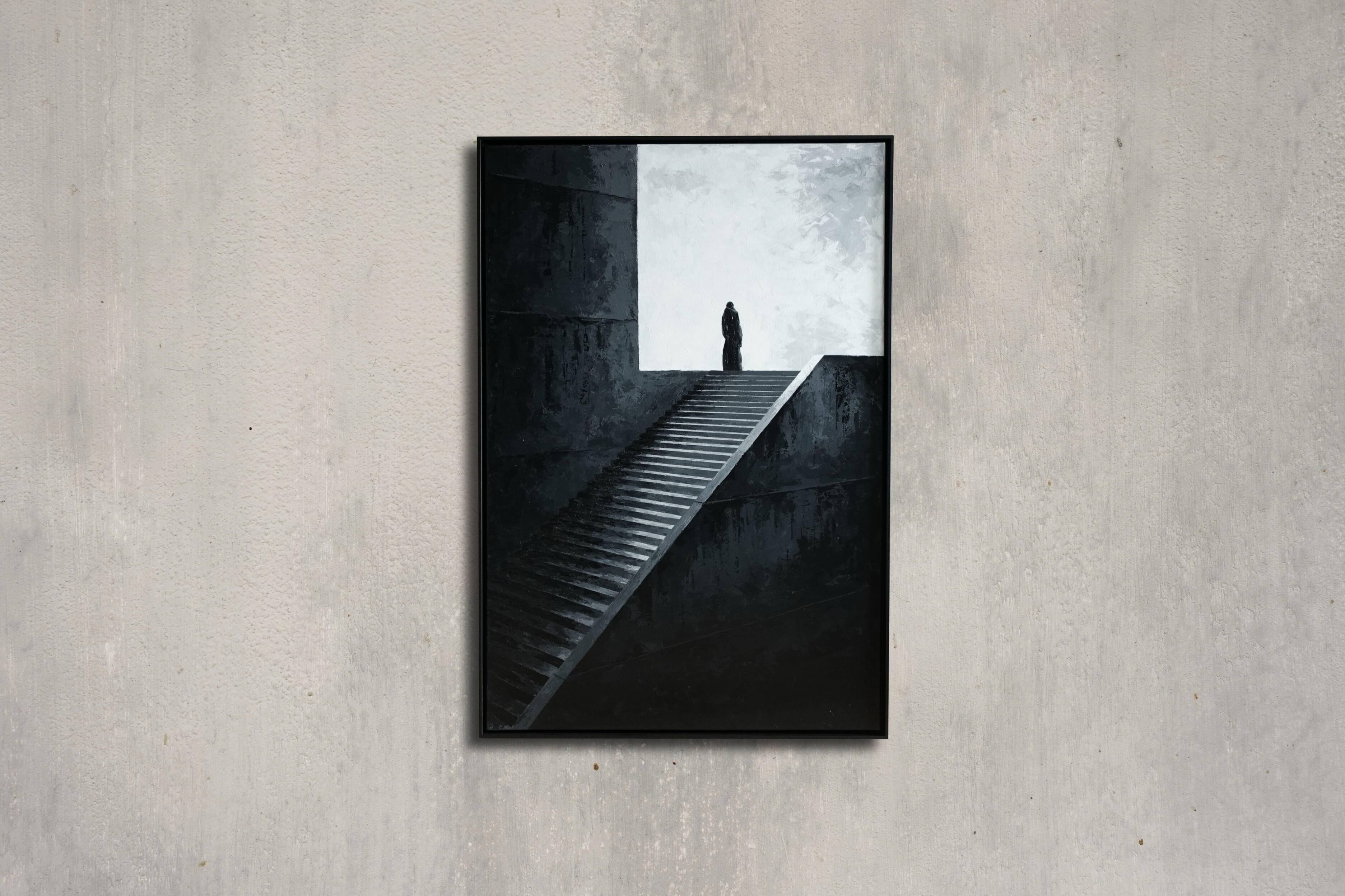 Large monumental painting Ascent by Marco Bane - Dark Abstract Realism for minimalist brutalist architecture.